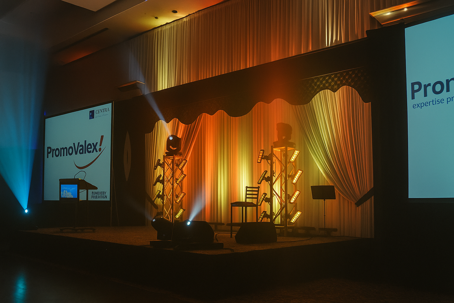 Scène de conférence avec éclairage coloré.